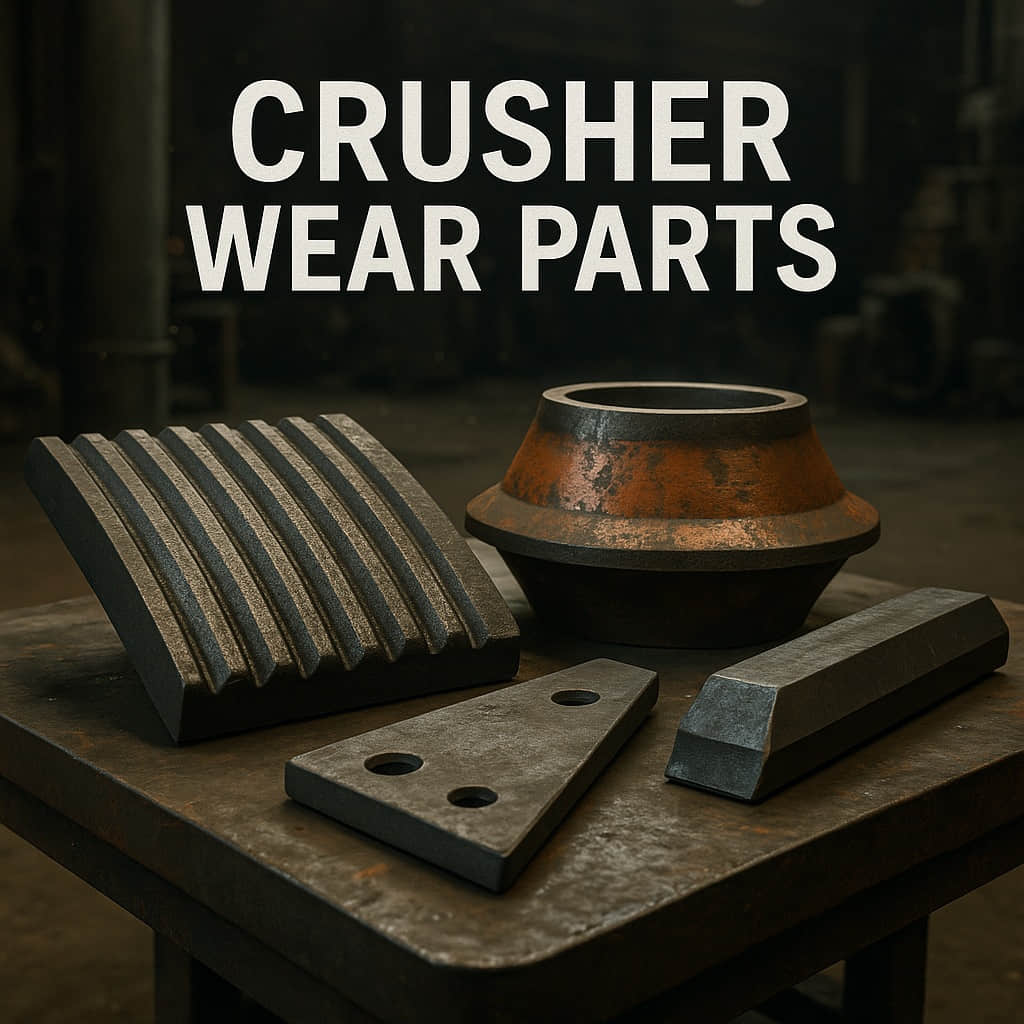 Realistic crusher wear parts including jaw plate, bowl liner, blow bar, and cheek plate on a steel workbench, industrial background.